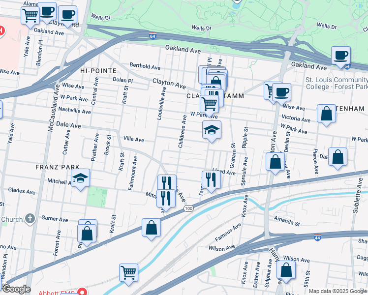 map of restaurants, bars, coffee shops, grocery stores, and more near 1378 Childress Avenue in St. Louis