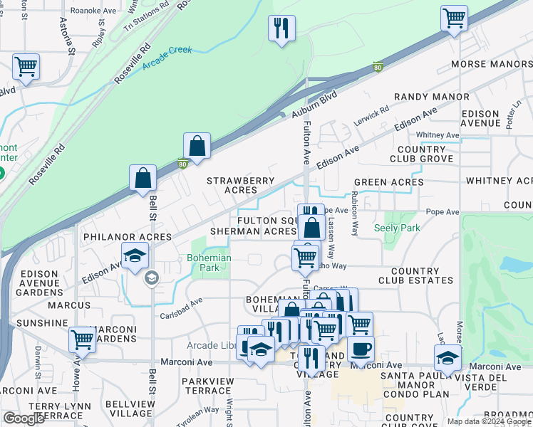 map of restaurants, bars, coffee shops, grocery stores, and more near 2491 Roland Road in Sacramento