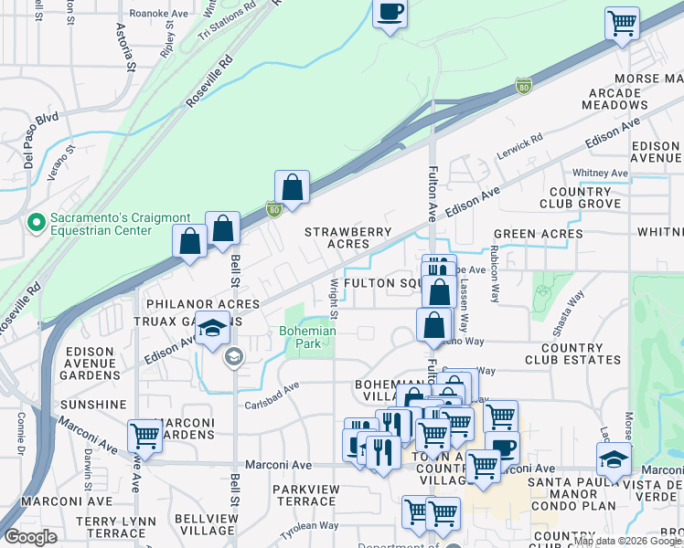 map of restaurants, bars, coffee shops, grocery stores, and more near 2411 Roland Road in Sacramento