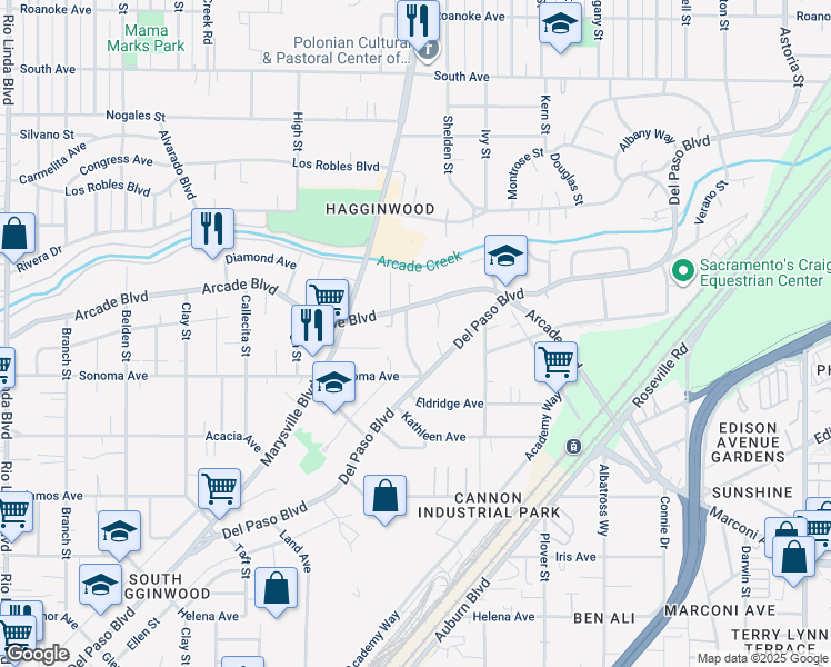 map of restaurants, bars, coffee shops, grocery stores, and more near 3143 Palmer Street in Sacramento
