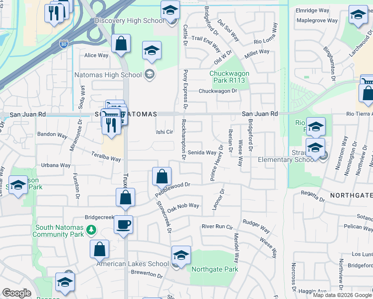 map of restaurants, bars, coffee shops, grocery stores, and more near 1365 Senida Way in Sacramento