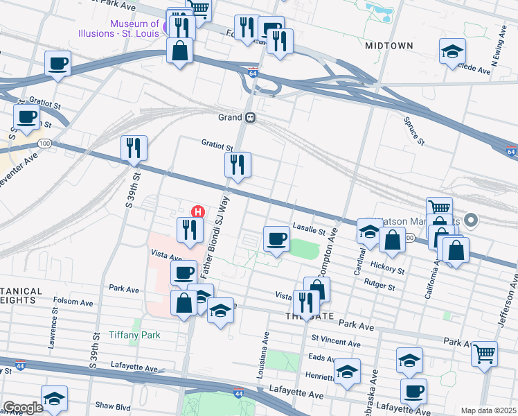 map of restaurants, bars, coffee shops, grocery stores, and more near 3421 Lasalle Street in St. Louis