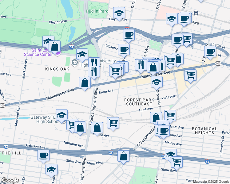 map of restaurants, bars, coffee shops, grocery stores, and more near 4502 Swan Avenue in St. Louis
