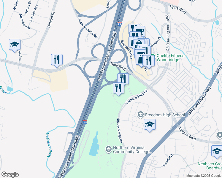 map of restaurants, bars, coffee shops, grocery stores, and more near 2636 Neabsco Common Place in Woodbridge