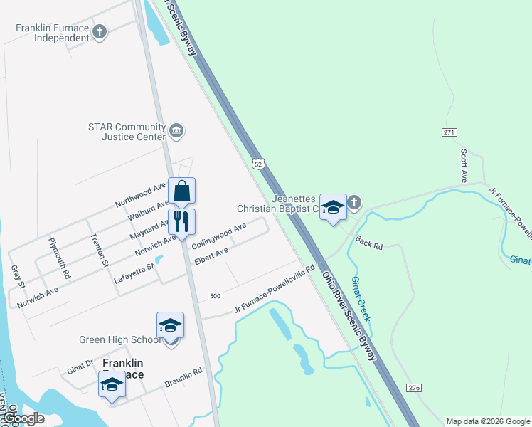 map of restaurants, bars, coffee shops, grocery stores, and more near 48 Wesley Street in Franklin Furnace