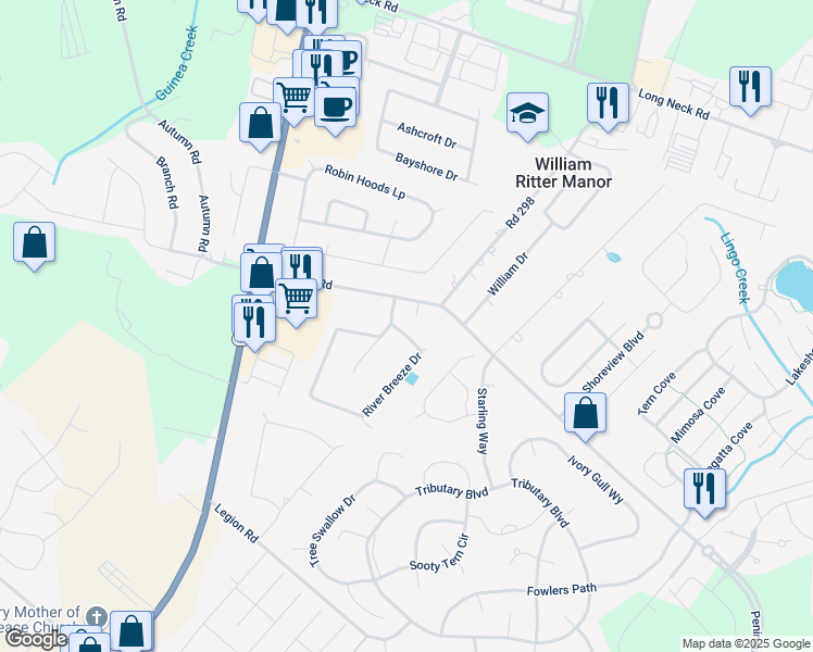 map of restaurants, bars, coffee shops, grocery stores, and more near 26435 River Breeze Drive in Millsboro