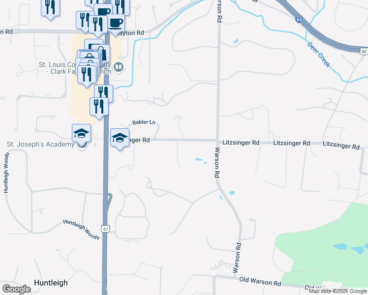 map of restaurants, bars, coffee shops, grocery stores, and more near 10046 Litzsinger Road in St. Louis