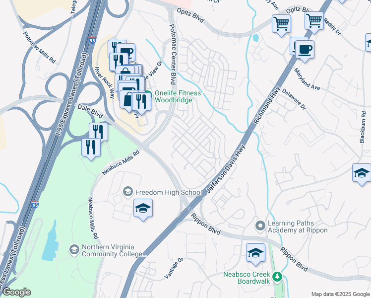 map of restaurants, bars, coffee shops, grocery stores, and more near 15153 Leicestershire Street in Woodbridge