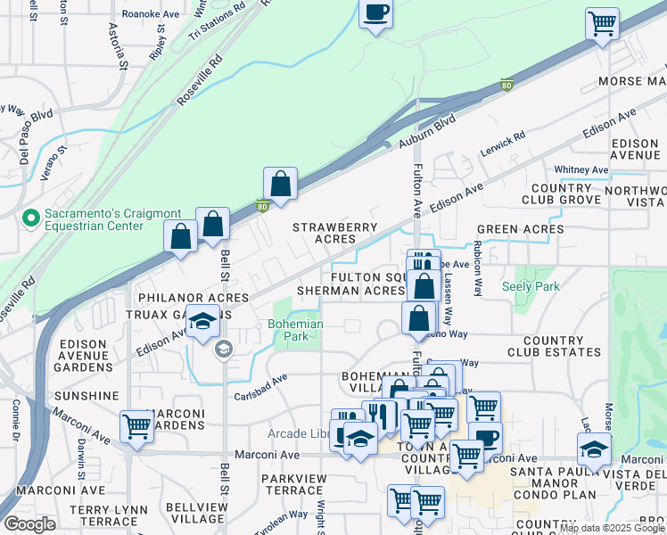 map of restaurants, bars, coffee shops, grocery stores, and more near 2411 Roland Road in Sacramento