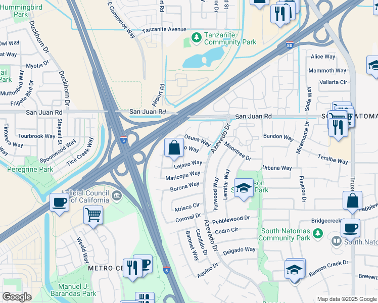 map of restaurants, bars, coffee shops, grocery stores, and more near 3186 Doroteo Way in Sacramento