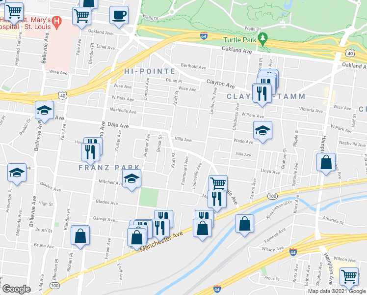 map of restaurants, bars, coffee shops, grocery stores, and more near 6629 Dale Avenue in St. Louis