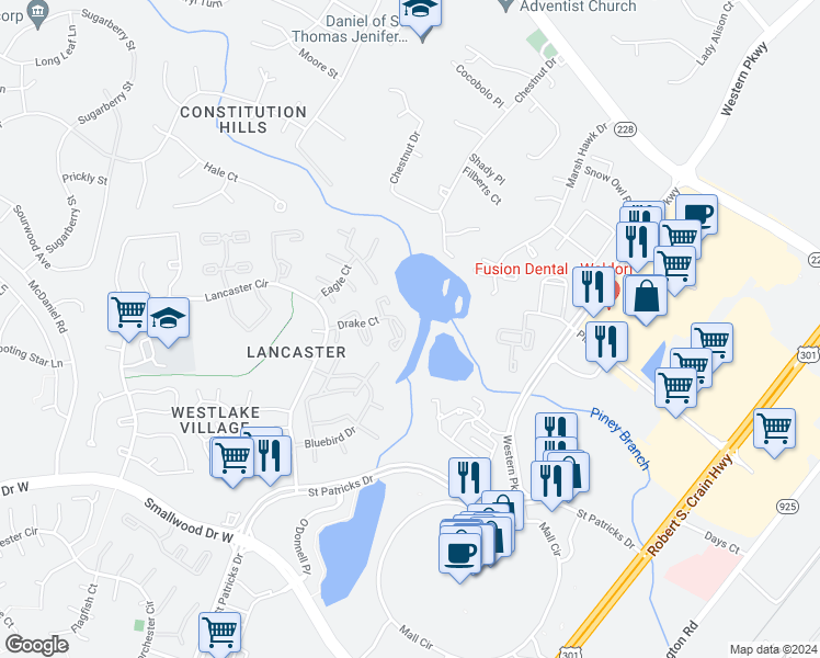 map of restaurants, bars, coffee shops, grocery stores, and more near 4261 Drake Court in Waldorf