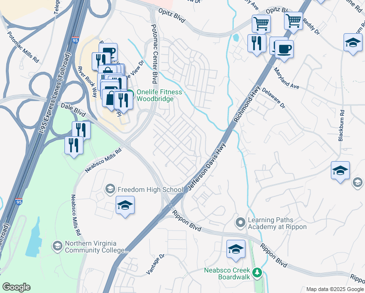 map of restaurants, bars, coffee shops, grocery stores, and more near 2248 Merseyside Drive in Woodbridge