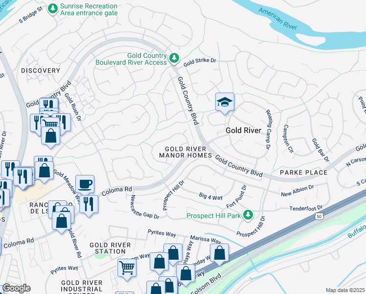 map of restaurants, bars, coffee shops, grocery stores, and more near 2127 Dame Shirley Way in Gold River