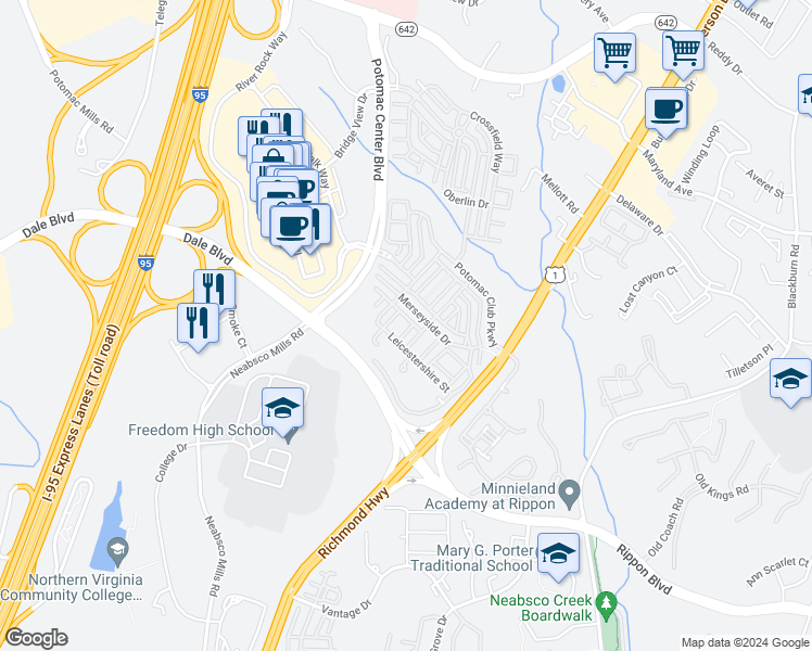 map of restaurants, bars, coffee shops, grocery stores, and more near 15147 Leicestershire Street in Woodbridge