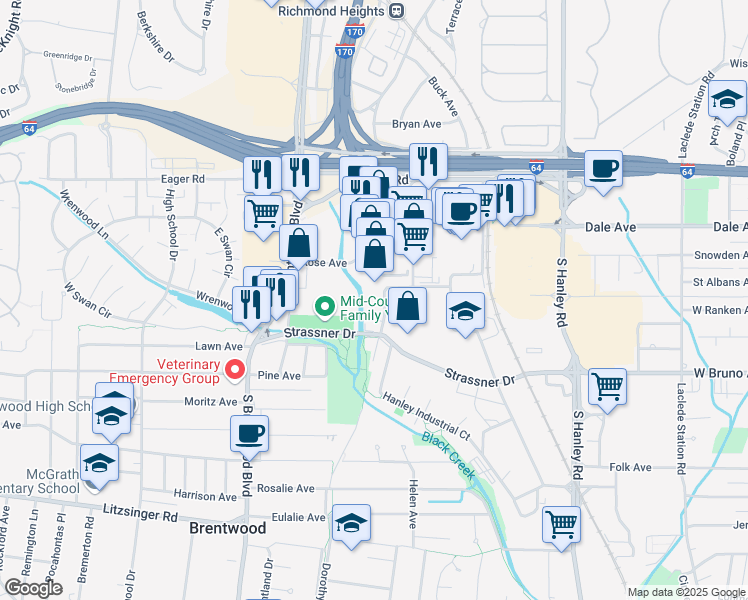 map of restaurants, bars, coffee shops, grocery stores, and more near 836 Hanley Industrial Court in Brentwood