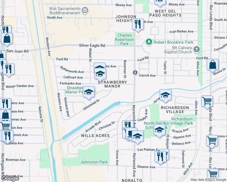 map of restaurants, bars, coffee shops, grocery stores, and more near 268 Olmstead Drive in Sacramento
