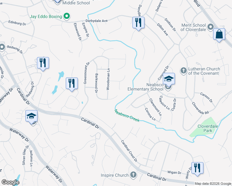 map of restaurants, bars, coffee shops, grocery stores, and more near 15077 Barkwood Drive in Woodbridge