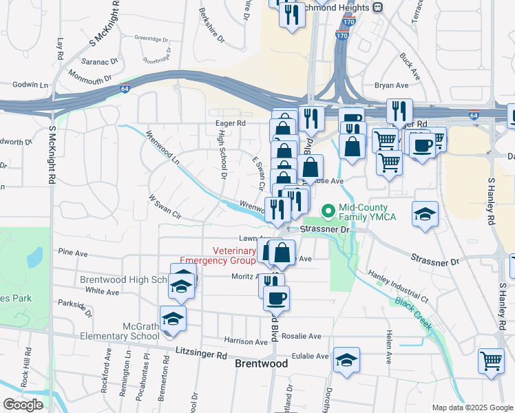 map of restaurants, bars, coffee shops, grocery stores, and more near 1688 East Swan Circle in St. Louis