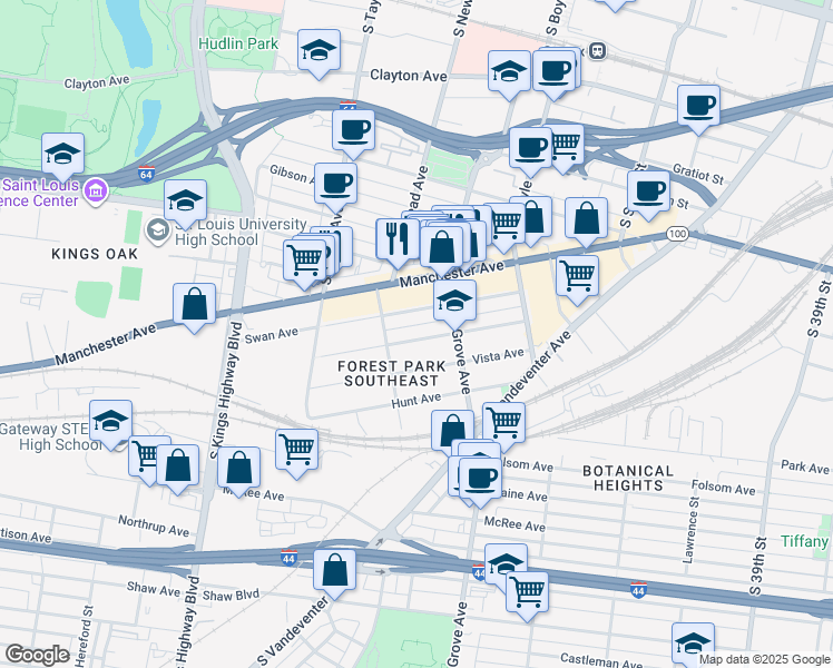 map of restaurants, bars, coffee shops, grocery stores, and more near 4343 Norfolk Avenue in St. Louis
