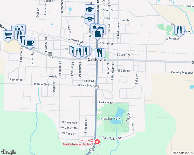 map of restaurants, bars, coffee shops, grocery stores, and more near 802 South Oak Street in California