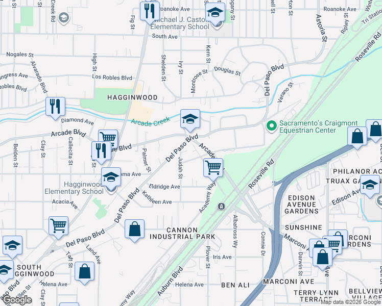 map of restaurants, bars, coffee shops, grocery stores, and more near 3149 Academy Way in Sacramento