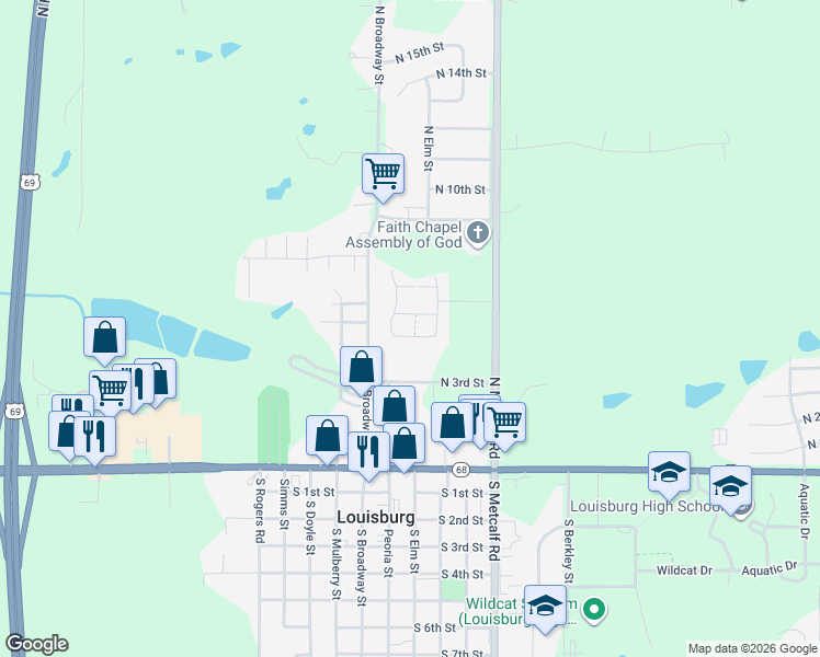 map of restaurants, bars, coffee shops, grocery stores, and more near 337 North 4th Terrace in Louisburg