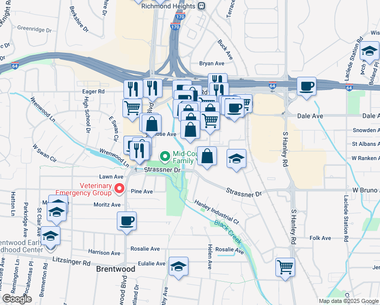 map of restaurants, bars, coffee shops, grocery stores, and more near 836 Hanley Industrial Court in Brentwood