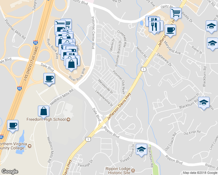 map of restaurants, bars, coffee shops, grocery stores, and more near 2254 Merseyside Drive in Woodbridge