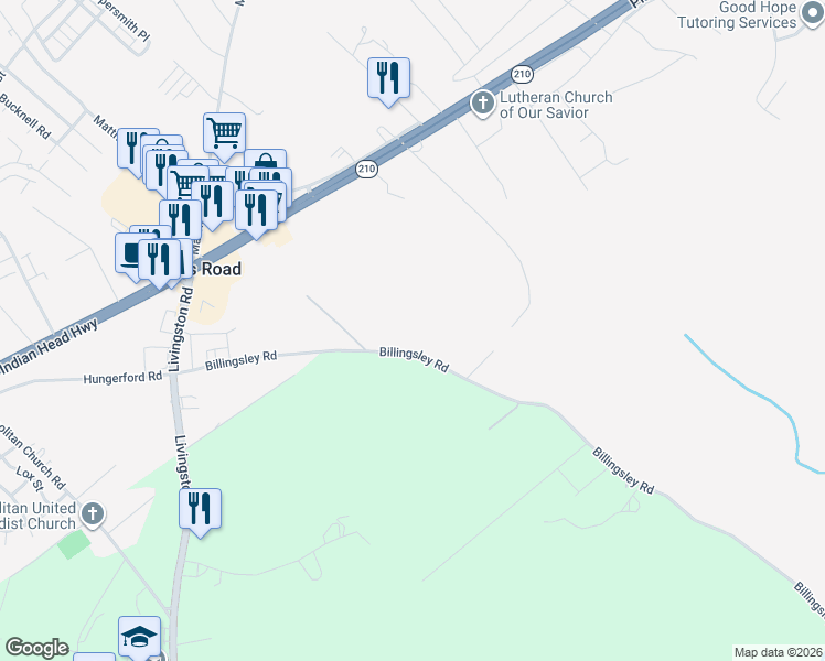 map of restaurants, bars, coffee shops, grocery stores, and more near 7150 Billingsley Road in Bryans Road