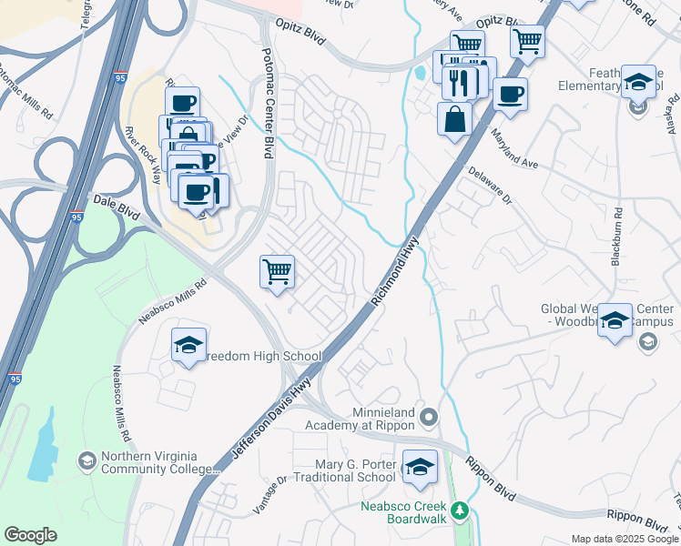 map of restaurants, bars, coffee shops, grocery stores, and more near 2127 Abbottsbury Way in Woodbridge
