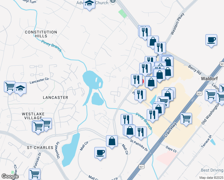 map of restaurants, bars, coffee shops, grocery stores, and more near 11211 Heron Place in Waldorf