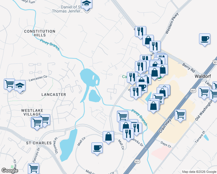 map of restaurants, bars, coffee shops, grocery stores, and more near 11211 Heron Place in Waldorf