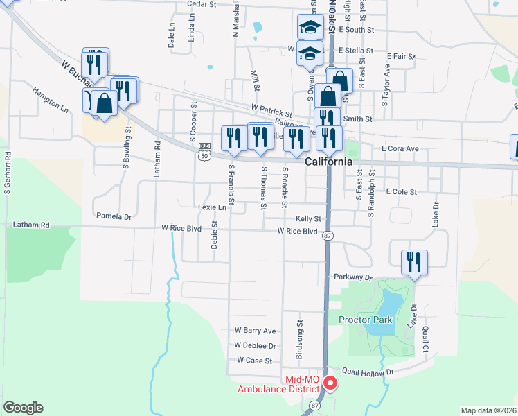 map of restaurants, bars, coffee shops, grocery stores, and more near 801 South Thomas Street in California