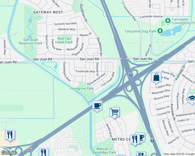 map of restaurants, bars, coffee shops, grocery stores, and more near 3036 Brunnet Lane in Sacramento