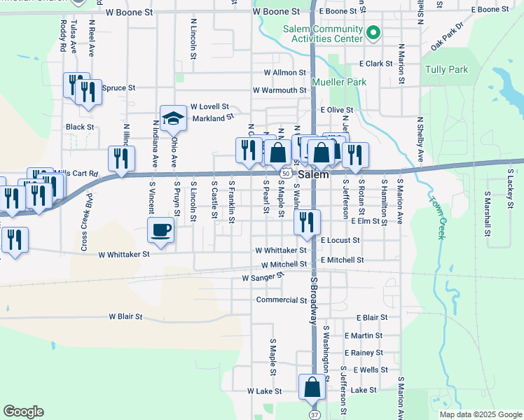 map of restaurants, bars, coffee shops, grocery stores, and more near 300-398 South Pearl Street in Salem