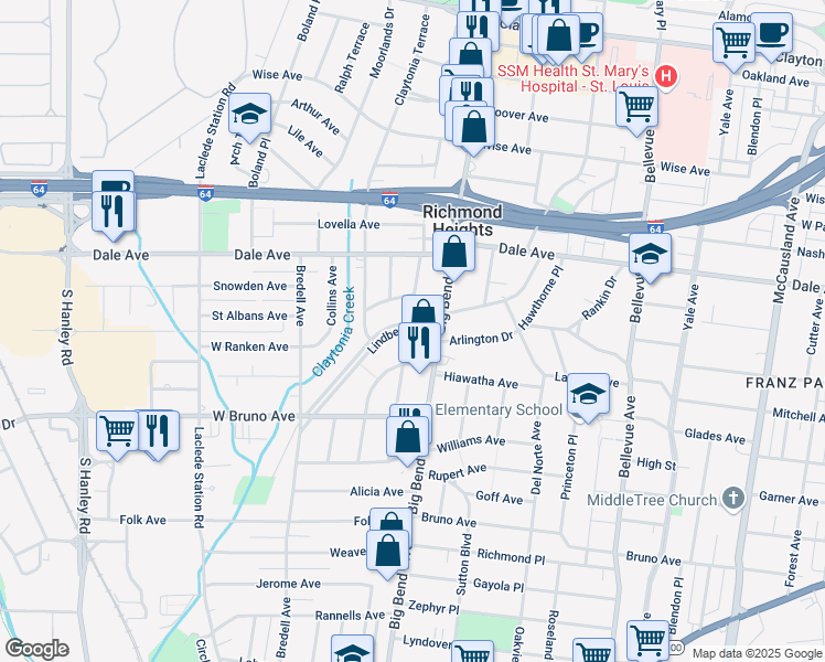 map of restaurants, bars, coffee shops, grocery stores, and more near 7522 Lindbergh Drive in Saint Louis