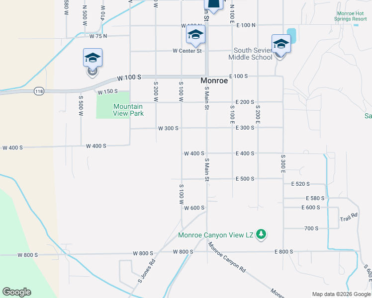 map of restaurants, bars, coffee shops, grocery stores, and more near 96 West 400 South in Monroe