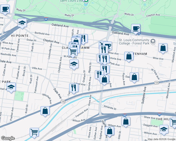 map of restaurants, bars, coffee shops, grocery stores, and more near 1404 Graham Street in St. Louis
