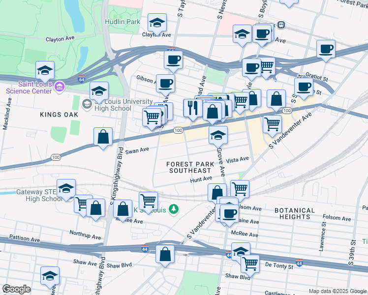 map of restaurants, bars, coffee shops, grocery stores, and more near 4405 Norfolk Avenue in St. Louis