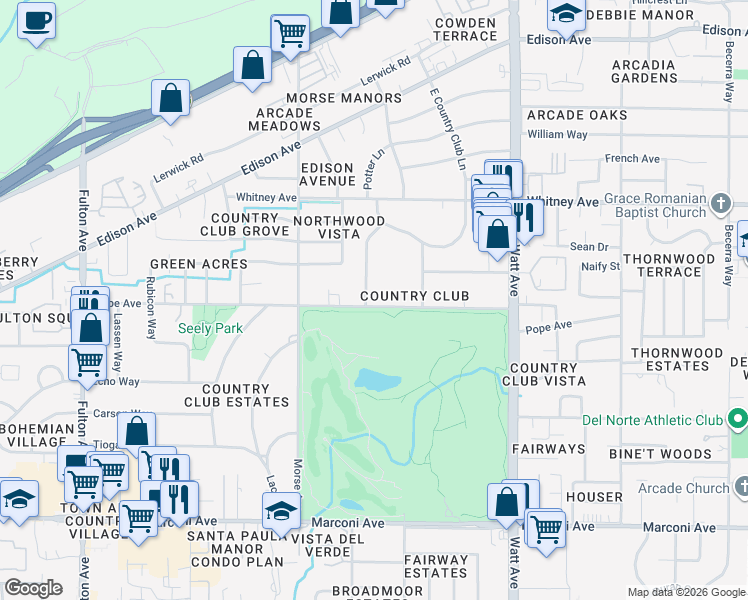 map of restaurants, bars, coffee shops, grocery stores, and more near 3205 Pope Avenue in Sacramento