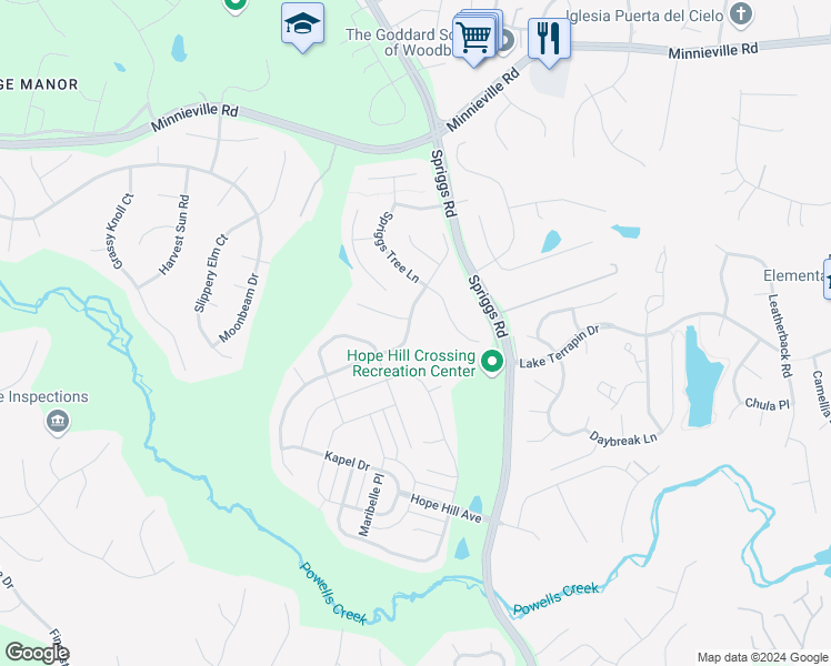 map of restaurants, bars, coffee shops, grocery stores, and more near 5611 Spriggs Meadow Drive in Woodbridge
