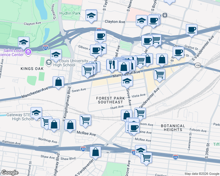 map of restaurants, bars, coffee shops, grocery stores, and more near 4405 Norfolk Avenue in St. Louis