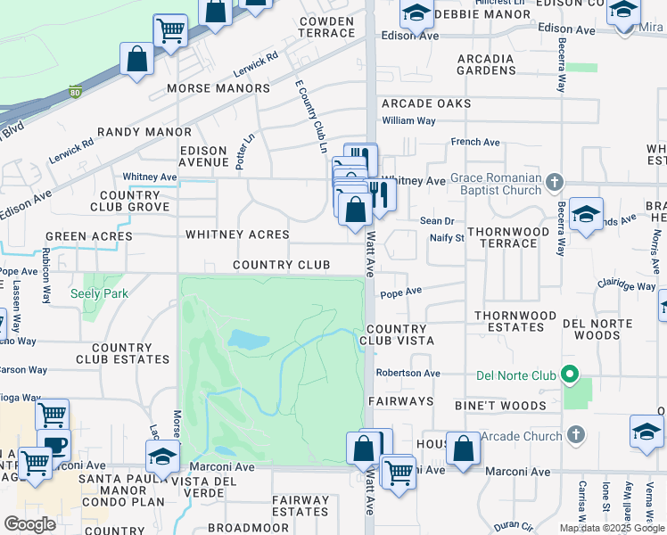 map of restaurants, bars, coffee shops, grocery stores, and more near 3411 Pope Avenue in Sacramento
