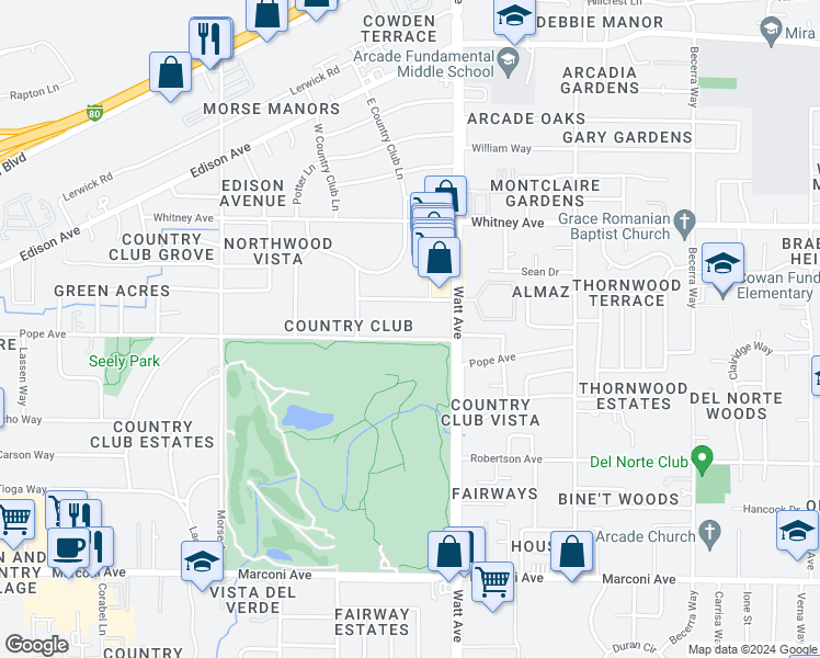 map of restaurants, bars, coffee shops, grocery stores, and more near 3411 Pope Avenue in Sacramento