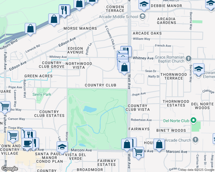 map of restaurants, bars, coffee shops, grocery stores, and more near 3033 Pope Avenue in Sacramento