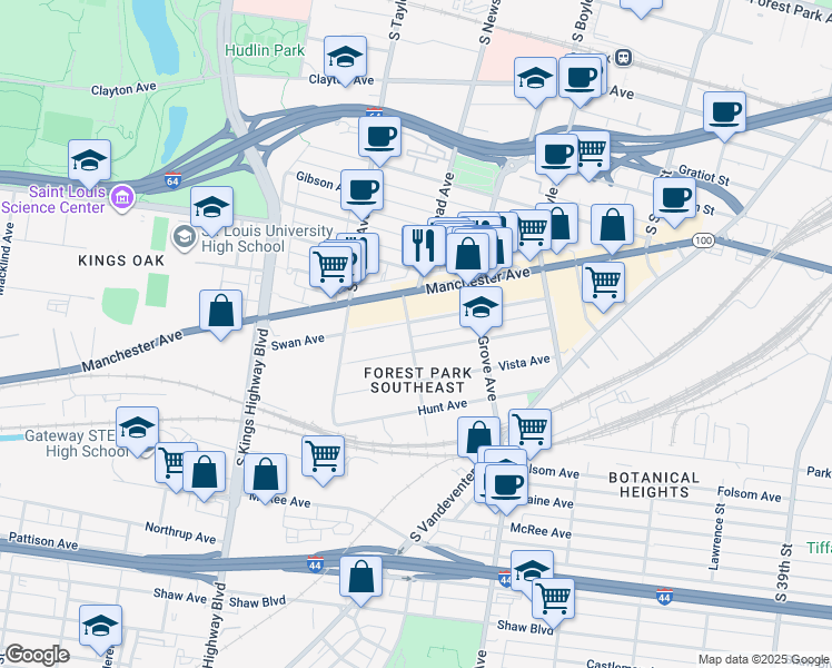 map of restaurants, bars, coffee shops, grocery stores, and more near 4405 Norfolk Avenue in St. Louis