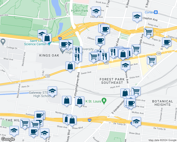 map of restaurants, bars, coffee shops, grocery stores, and more near 4567 Swan Avenue in St. Louis