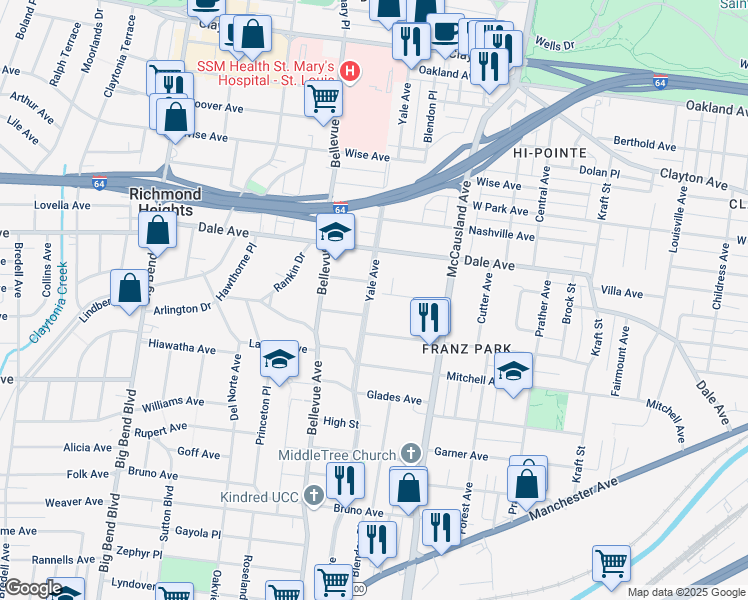 map of restaurants, bars, coffee shops, grocery stores, and more near 1520 Yale Avenue in Richmond Heights