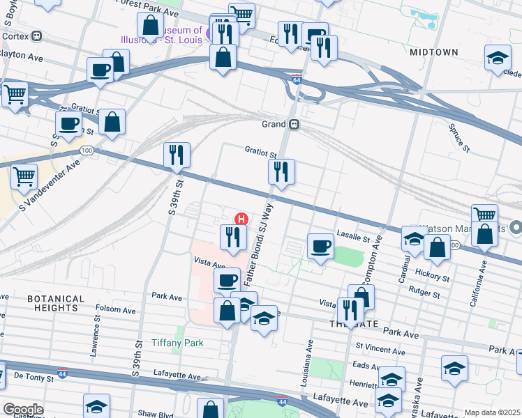 map of restaurants, bars, coffee shops, grocery stores, and more near 1017 South Grand Boulevard in St. Louis